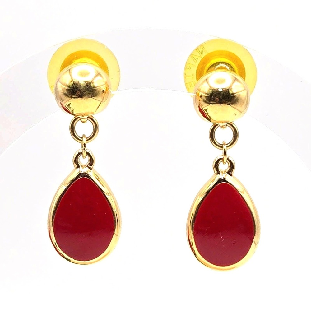 Vintage Napier‎ Signed Goldtone and Red Enamel Drop Dangle Post Earrings